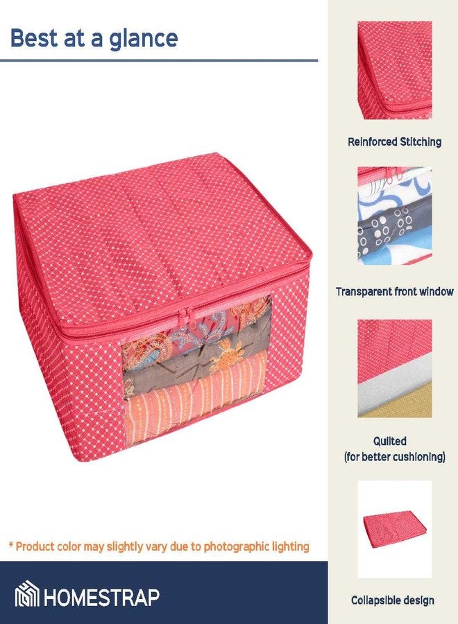 Homestrap Set of 6 Cotton Quilted Saree Covers | 3-Layered Foldable Storage Bags with Transparent Window & Zip | Premium Wardrobe Organizer for Sarees, Lehengas, Dresses | Pink - Image 3